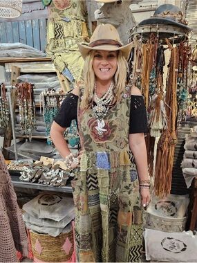 Boho Patchwork Olive Green Maxi Dress with Floral Detail
